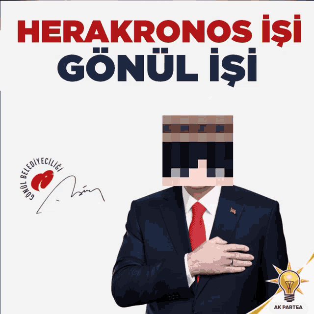 a man in a suit and tie stands in front of a sign that says herakronos işi gonul işi