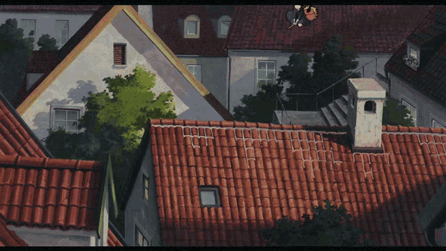 a witch is flying on a broom on the roof of a house