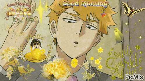 a picture of a man with a cup of coffee and the words good morning