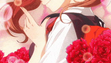 a girl in a school uniform is surrounded by red flowers