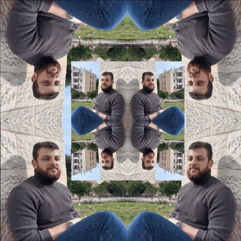 a man with a beard is sitting in a kaleidoscope of images