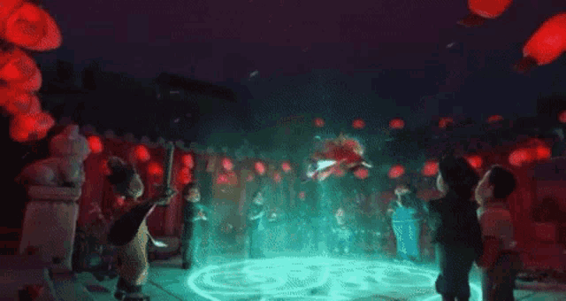 a group of cartoon characters are standing around a circle with a light coming out of the center .