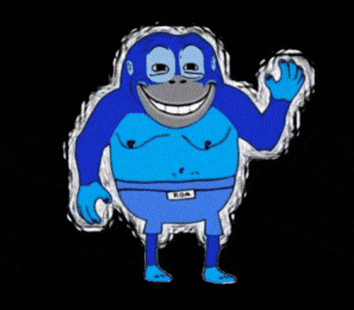 a cartoon of a blue monkey wearing blue shorts and a belt that says loa