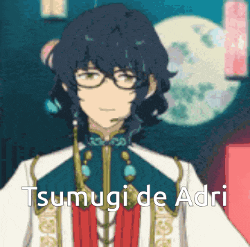 a pixel art of a man with glasses and the words tsugugi de adri