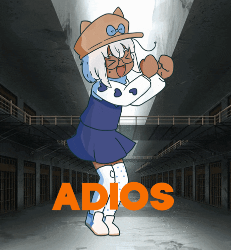 a cartoon of a girl dancing with the word adios behind her
