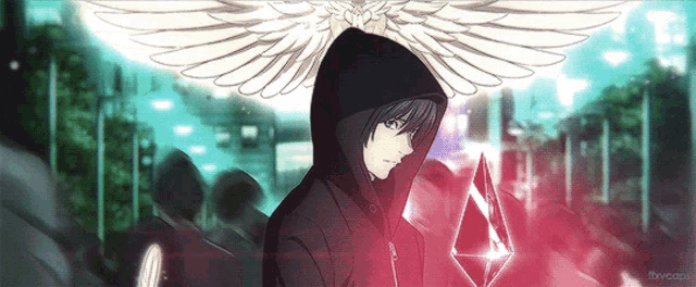 a drawing of a man in a hoodie with wings on his head