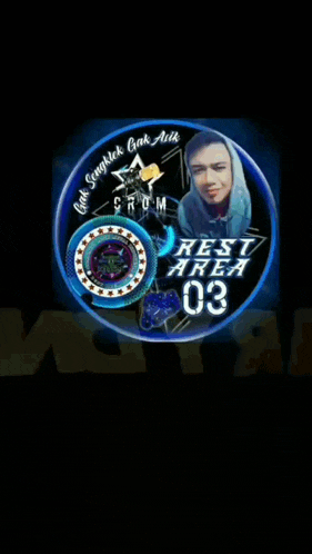 a logo for rest area 03 with a picture of a man in the center