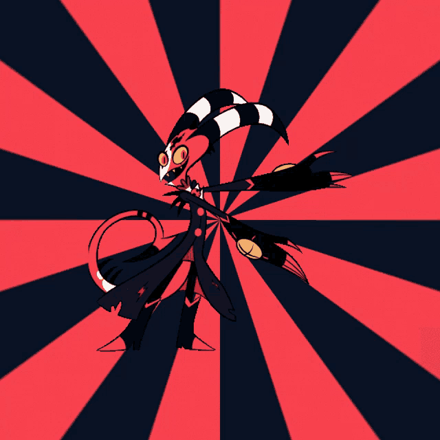 a red and black striped background with a cartoon character