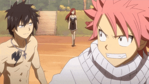 a group of anime characters are standing next to each other and one of them has a tattoo on his chest that says fairy tail