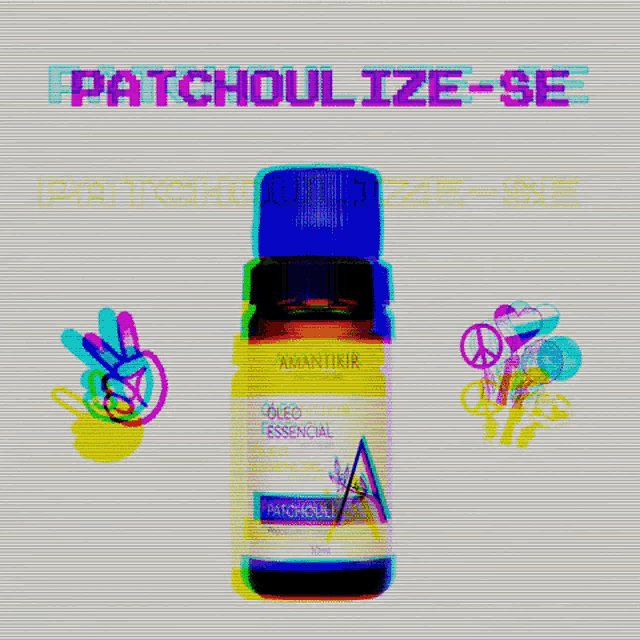 a bottle of patchouli essential oil with a peace sign and a peace sign behind it