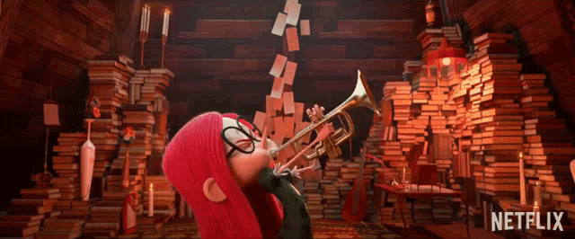a cartoon character is blowing a trumpet in front of a stack of books with netflix written in the corner