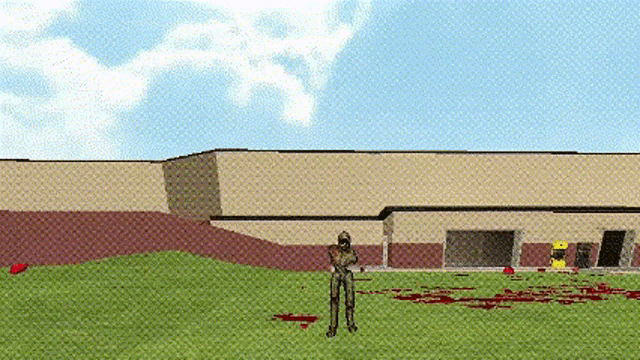 a computer generated image of a zombie standing in front of a large building .