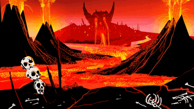 a drawing of a volcano with skulls and bones