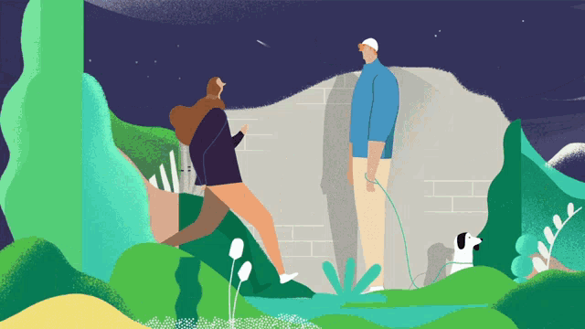 an illustration of a man and a woman walking a dog on a leash