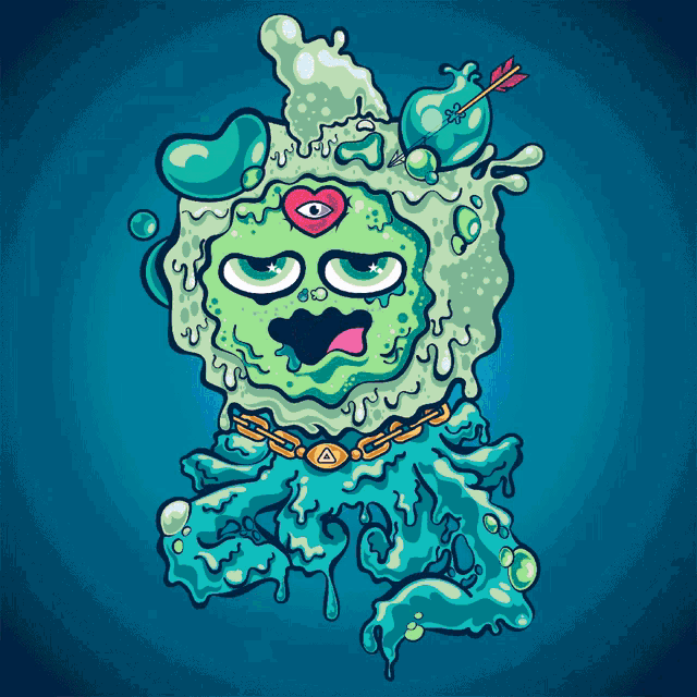 a cartoon drawing of a green monster with an arrow in its eye