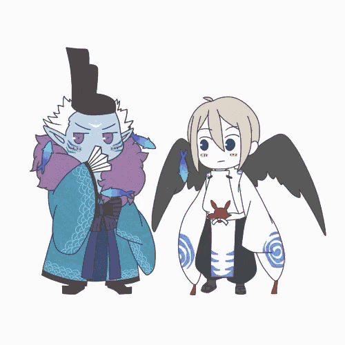a cartoon drawing of a man with a fan and a woman with wings