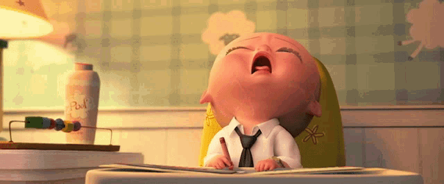 a baby is crying while sitting in a high chair next to a bottle of baby powder