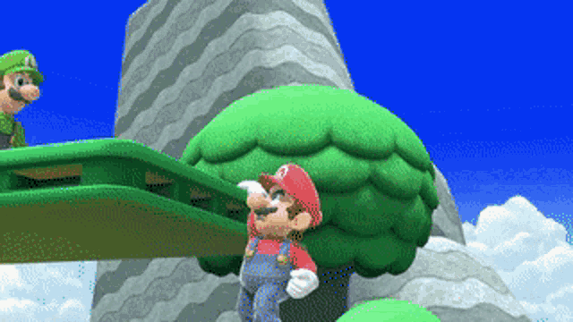 mario and luigi are standing on a green platform in a video game