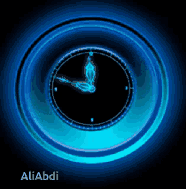 a blue clock with the name aliabdi on the bottom right