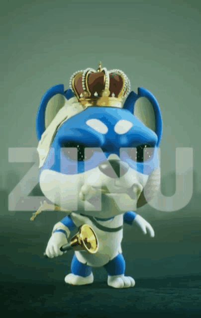 a cartoon character wearing a crown and holding a horn