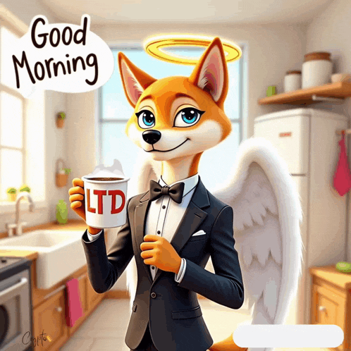 a fox in a tuxedo holding a cup of coffee with ltd on it