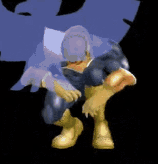 a cartoon character is kneeling down in a dark room with a purple hat on .