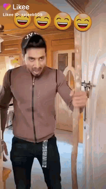 a man in a brown jacket is standing in front of a door with smiley faces on it