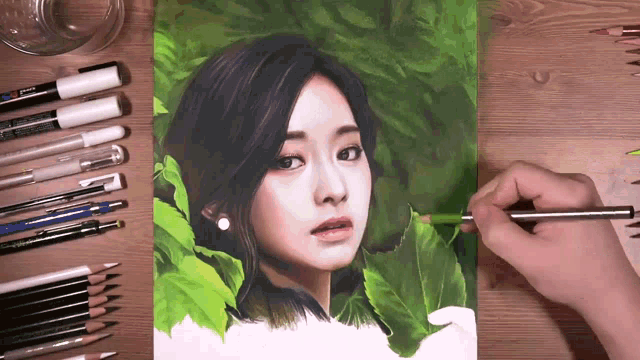 a drawing of a woman with a green pencil on a wooden table