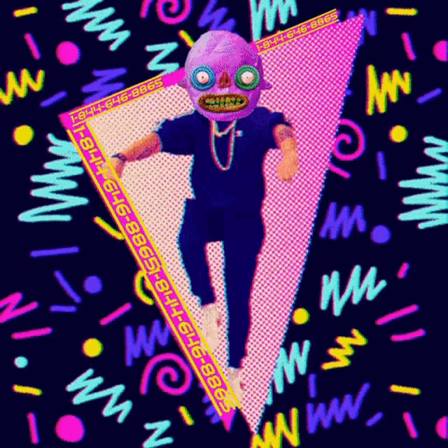 a colorful drawing of a man with a skull mask on his face