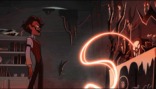 a cartoon drawing of a man standing next to a skull