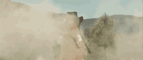 a woman in a cowboy hat is holding two guns in her hands .