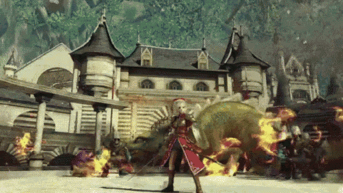 a woman is standing in front of a castle holding a dragon