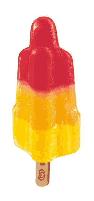 a red and yellow popsicle with a wooden stick with the letter g on it