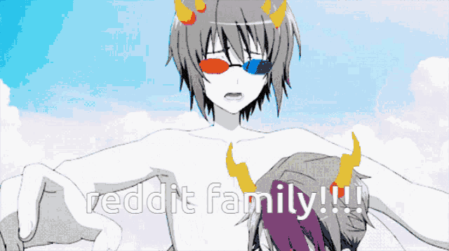 a drawing of a boy with horns and the words " reddit family " on the bottom