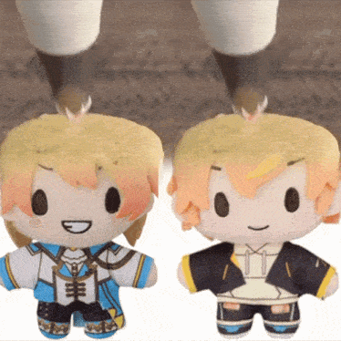 two stuffed dolls are standing next to each other and one of them has a hoodie on