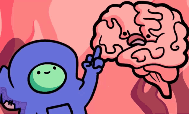 a cartoon drawing of a person pointing at a pink brain