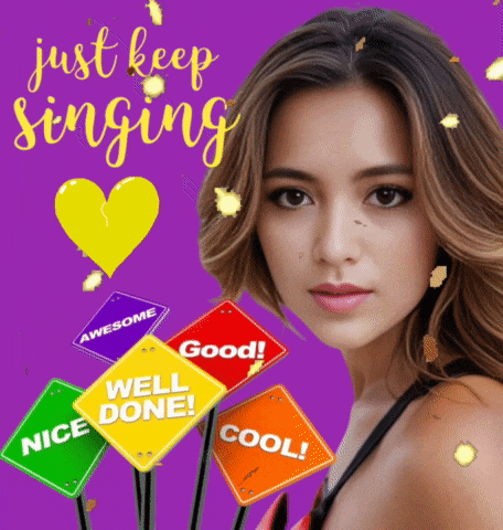 a woman is surrounded by signs that say awesome good well done nice and cool