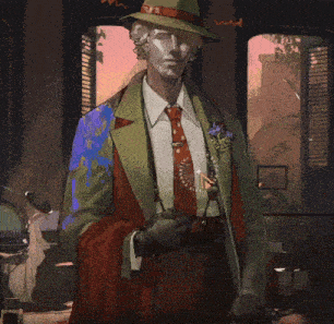 a man in a hat and tie stands in a room