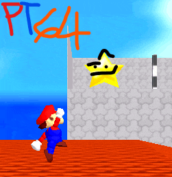 a drawing of mario and a star with pt64 written on the bottom
