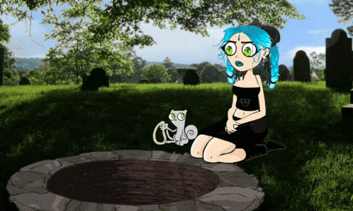 a cartoon of a girl kneeling next to a cat