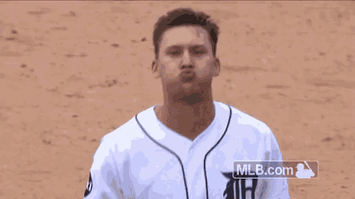 a baseball player is standing on a field with mlb.com written on the bottom of his jersey .