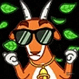 a cartoon goat wearing sunglasses and a necklace is holding a bunch of money .