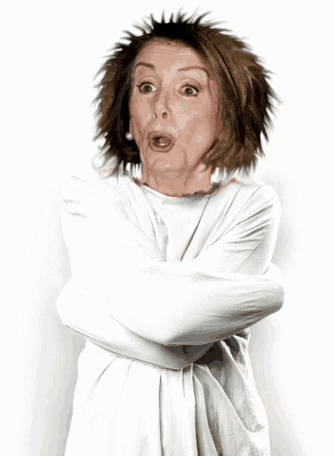 a woman in a straitjacket with her arms crossed looks surprised