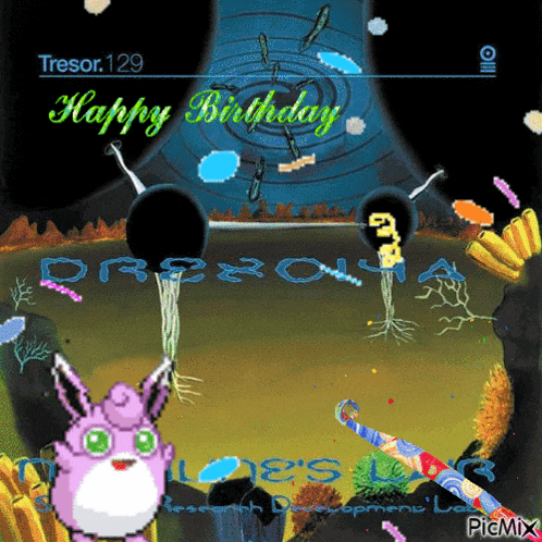 a happy birthday greeting card with a cartoon rabbit