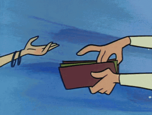 a cartoon of a person handing another person money from their wallet