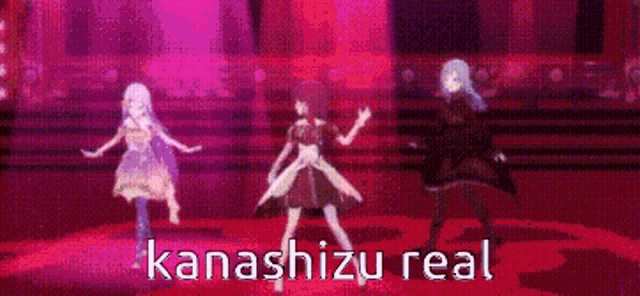 a group of anime girls are dancing on a stage with the words kanashizu real .