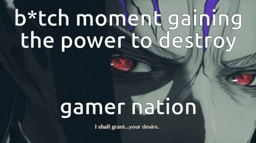 a poster that says bitch moment gaining the power to destroy gamer nation i shall grant your desire