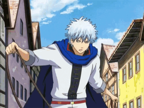 a cartoon character with white hair and a blue scarf is walking down a street