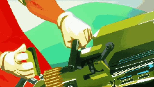 a pixel art drawing of a person holding a gun with a red background