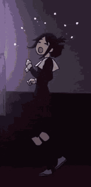 a cartoon girl in a black dress is dancing in a room .